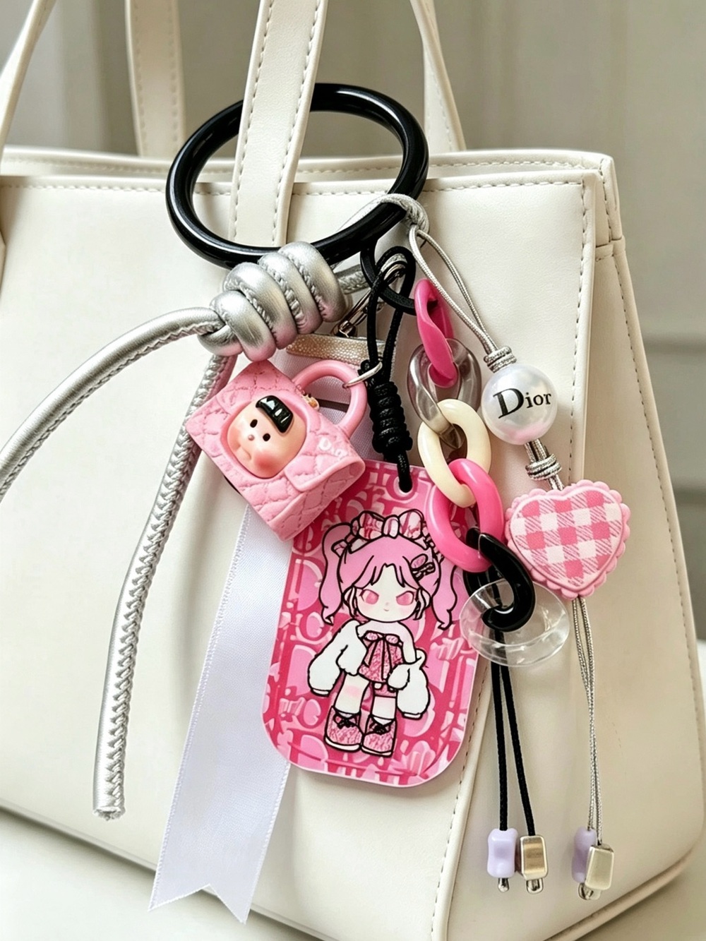 Authentic CD Ribbons & unbranded Pink Bag Charm Keychain